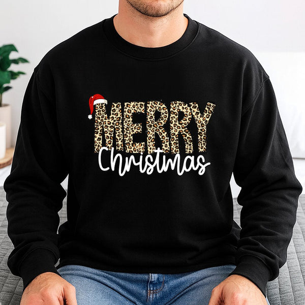 Leopard Print Holiday Crewneck, Merry Christmas Sweatshirt, Festive Graphic Sweater, Comfy Winter Xmas Pullover, Christmas Pr