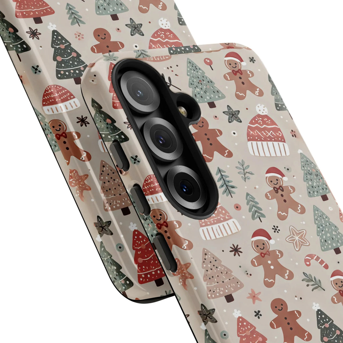 Festive Winter Holiday Pattern Phone Cover, Christmas Gingerbread Man Phone Case, Adorable Xmas Cookie Samsung Galaxy Case, H