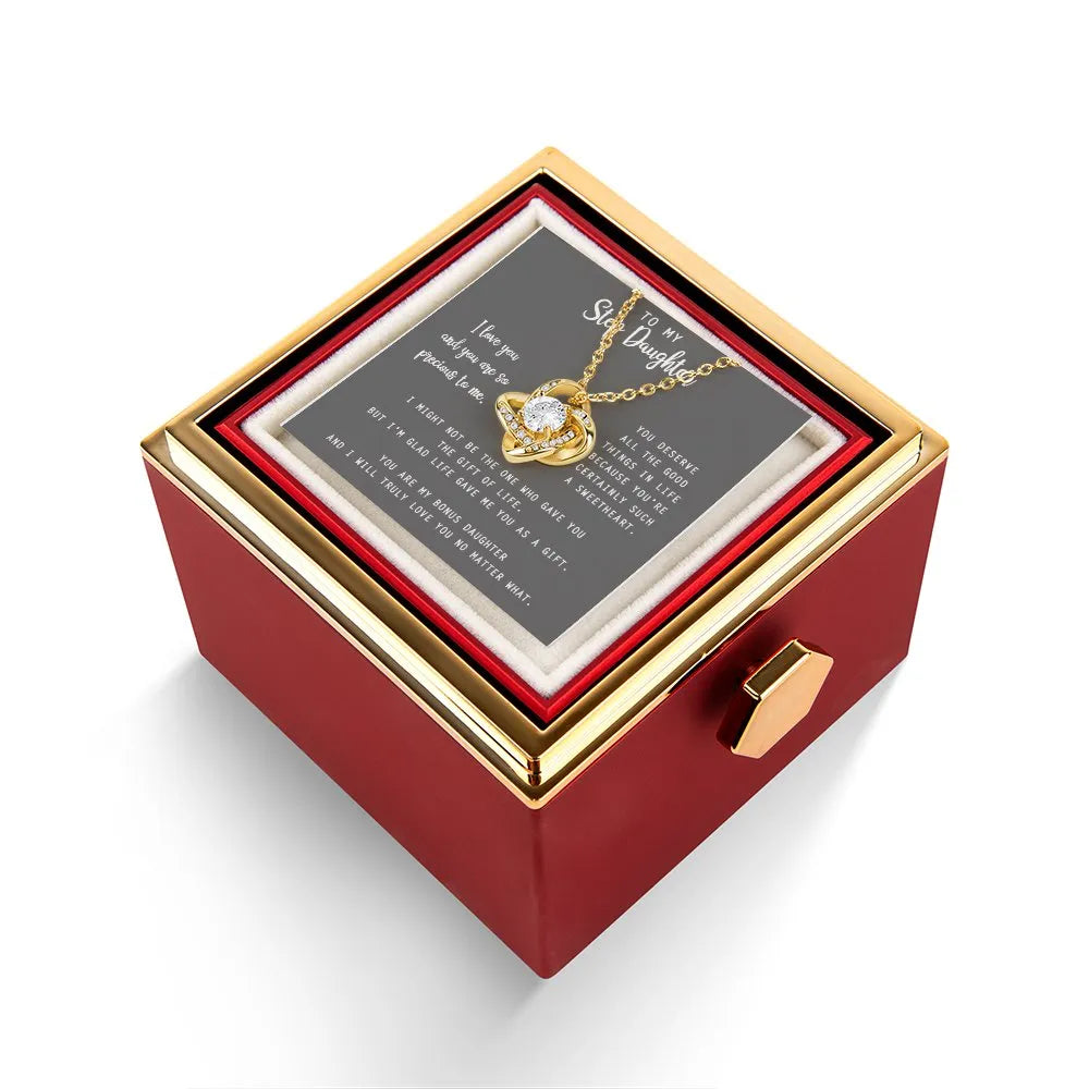 Love Knot Necklace with Rotating Rose Box, Step Daughter Present, Gold Finish Love Knot Pendant Jewelry, Birthday Christmas P