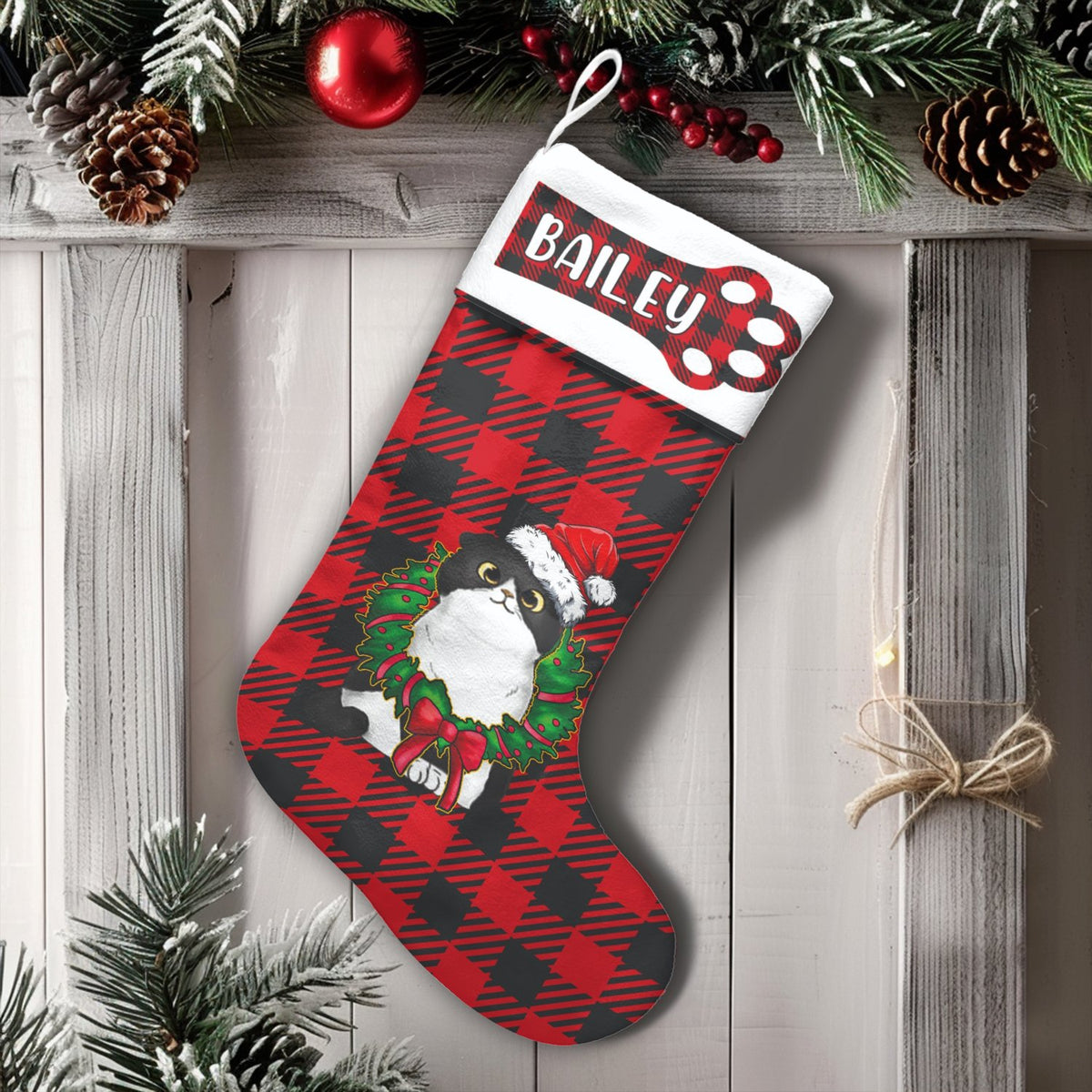 Custom Buffalo Plaid Pet Stocking, Tuxedo Cat Christmas Stocking, Personalized Cat Lover Holiday Stocking, Adorable Animal Ch