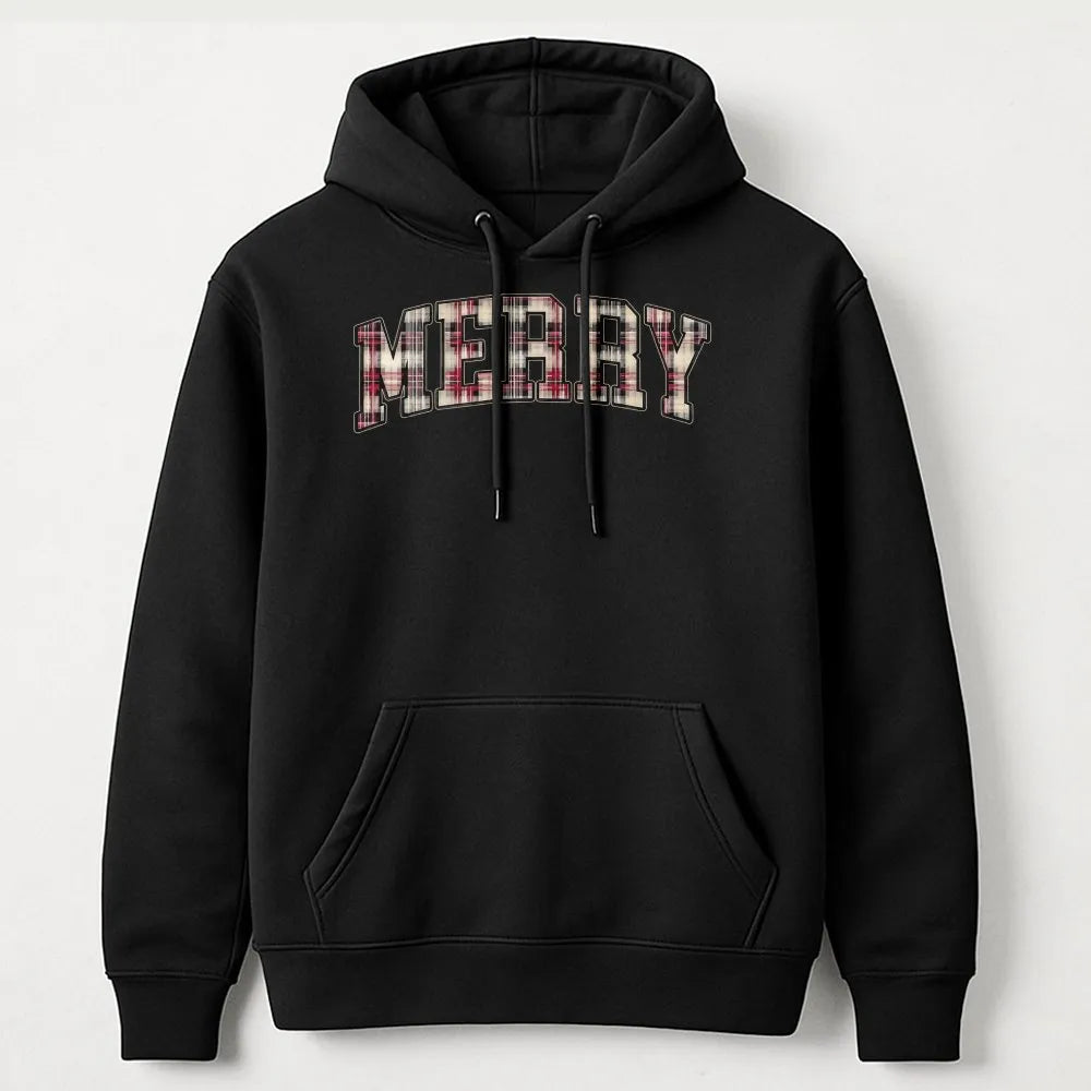 Plaid Varsity Lettering Christmas Hoodie, Merry Christmas Hoodie, Retro Holiday Hoodie, Comfy Winter Graphic Sweatshirt, Pres