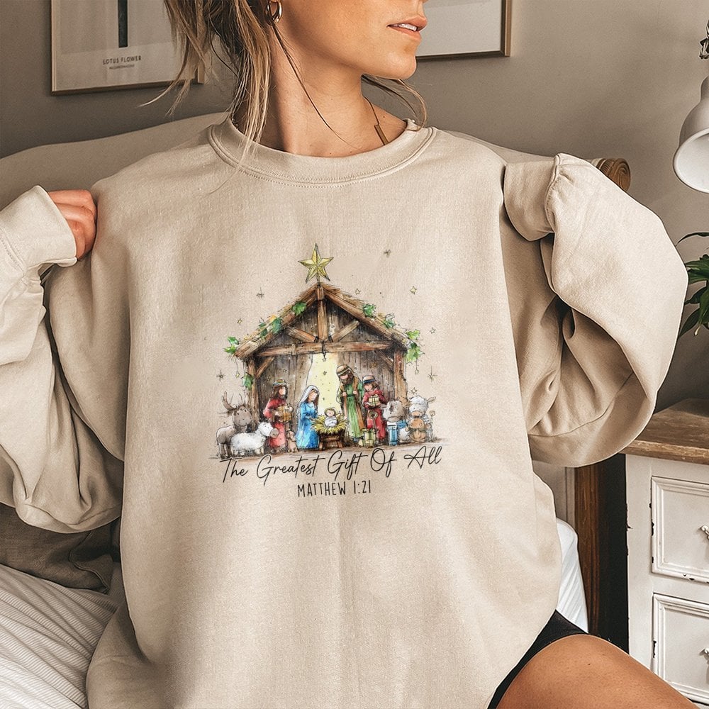 Greatest Present of All Crewneck, Nativity Scene Sweatshirt, Christian Christmas Sweatshirt, Religious Xmas Pullover, Faith H