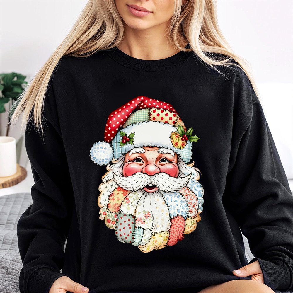 Vintage Quilt Style Santa Sweatshirt, Patchwork Santa Sweatshirt, Retro Holiday Crewneck Sweatshirt, Comfy Christmas Pullover