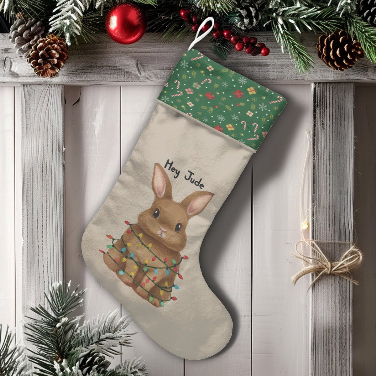 Adorable Rabbit Fairy Lights Stocking, Personalized Bunny Christmas Stocking, Custom Name Holiday Stocking, Kids Xmas Firepla
