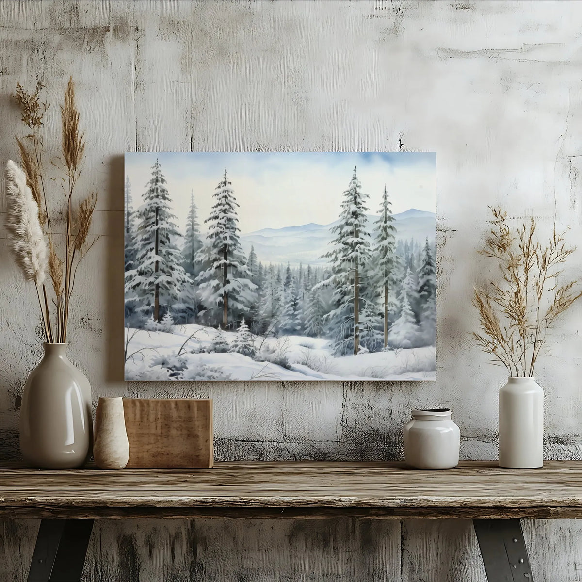 Snowy Pine Landscape Painting Print, Winter Forest Canvas Wall Art, Peaceful Holiday Season Decor, Rustic Christmas Tree Art 