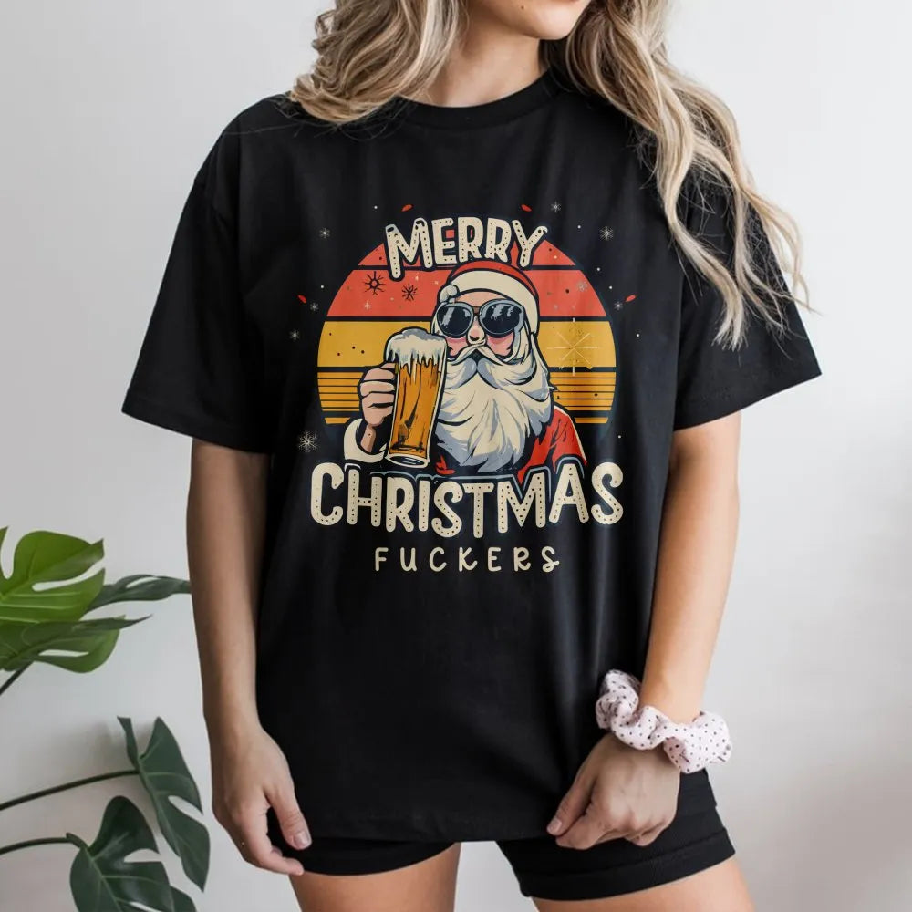 Humorous Christmas T-Shirt, Santa Drinking Beer Shirt, Retro Santa Graphic Tee, Sarcastic Holiday Shirt, Adult Humor Xmas Tee