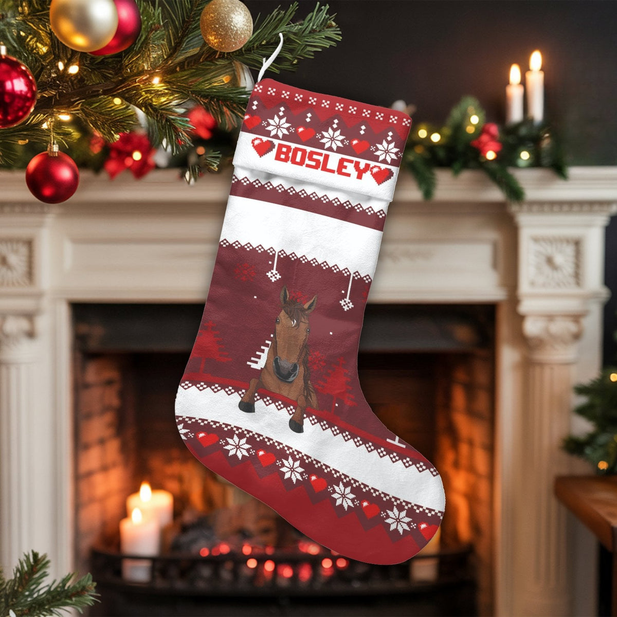Fair Isle Velboa Stocking, Personalized Horse Christmas Stocking, Custom Name Equestrian Holiday Decor, Fireplace Christmas S
