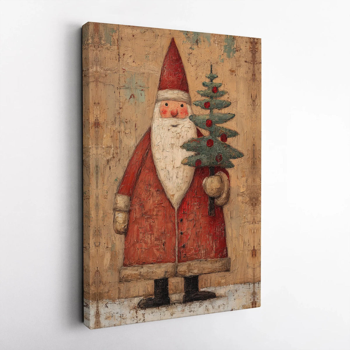 Rustic Santa Canvas Print, Vintage Santa Claus Canvas Art, Christmas Tree Canvas Wall Art, Traditional Holiday Wall Decor, Wi