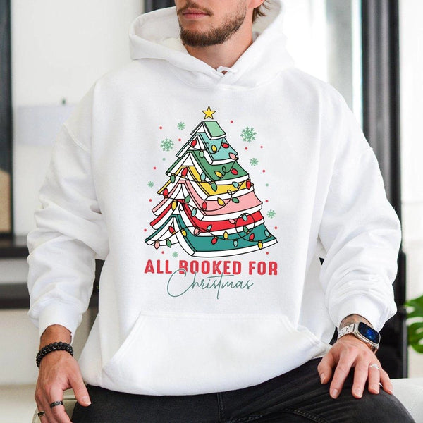 Book Lover Christmas Tree Hoodie, All Booked for Christmas Hoodie, Comfy Holiday Bookworm Hooded Sweatshirt, Reader Teacher X