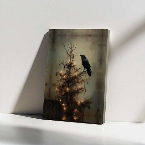 Dark Academia Holiday Wall Decor, Gothic Raven Christmas Tree Canvas Art, Spooky Victorian Christmas Canvas Print, Moody Wint