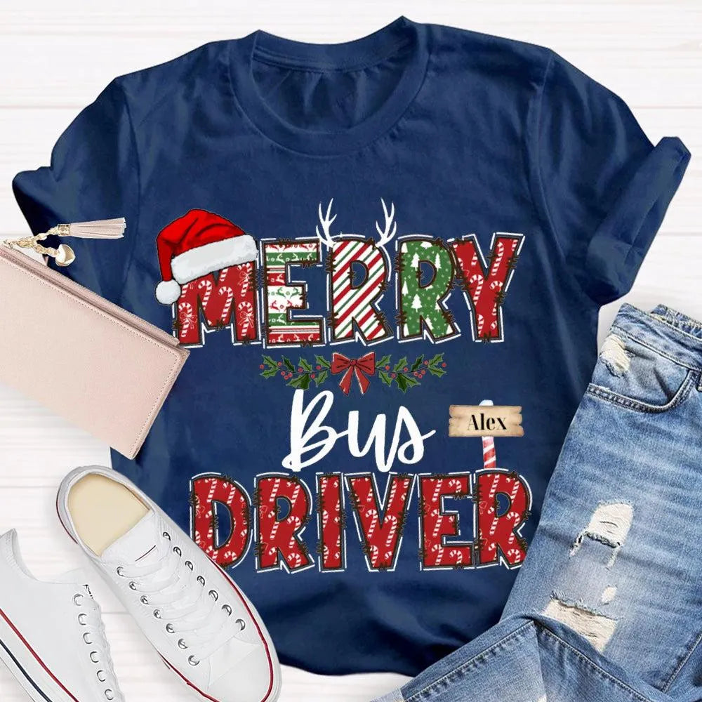 Custom Santa Hat Holiday Graphic Tee, Personalized Bus Driver Christmas T-Shirt, Merry Christmas Driver Shirt, Adorable Xmas 