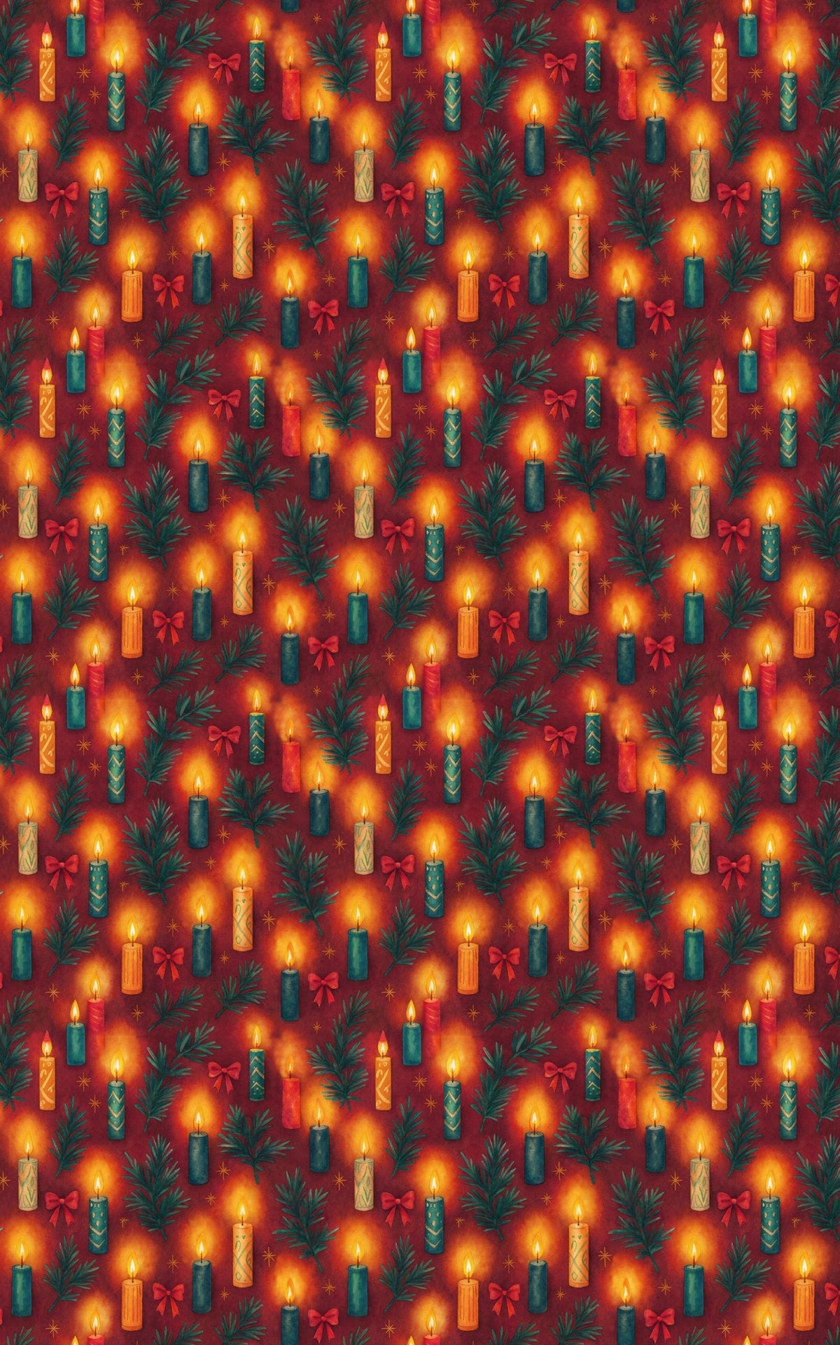 Red and Gold Holiday Gift Wrap, Candlelight Christmas Wrapping Paper, Festive Pine Candle Present Wrap, Winter Xmas Gift Wrap
