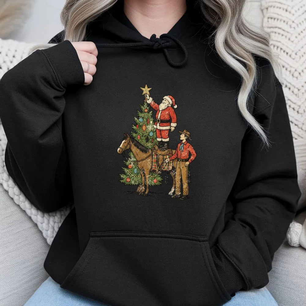 Vintage Santa Horse Hoodie, Western Christmas Cowboy Hoodie, Retro Western Holiday Pullover, Country Xmas Sweatshirt, Holiday