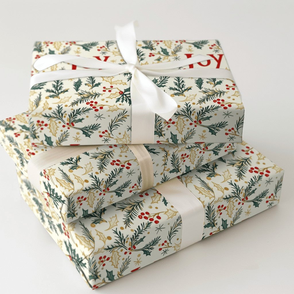 Evergreen Foliage Gift Wrap, Joy Holly Berry Christmas Wrapping Paper, Botanical Holiday Wrapping Paper, Elegant Winter Gift 