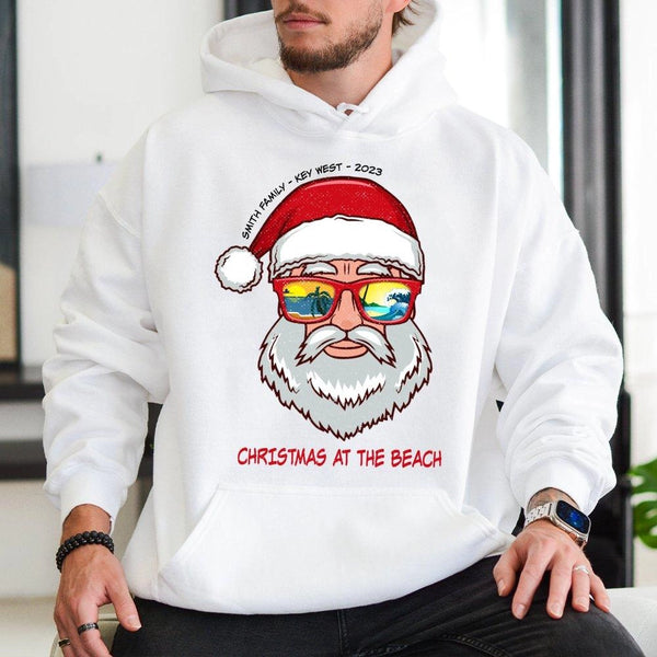 Tropical Christmas Sweatshirt, Key West Santa Beach Hoodie, Coastal Holiday Pullover Hoodie, Beach Santa Graphic Hooded Sweat