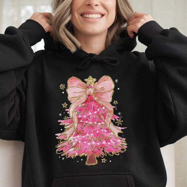 Coquette Bow Aesthetic Holiday Sweatshirt, Pink Christmas Tree Hoodie, Adorable Xmas Tree Graphic Hoodie, Trendy Winter Holid