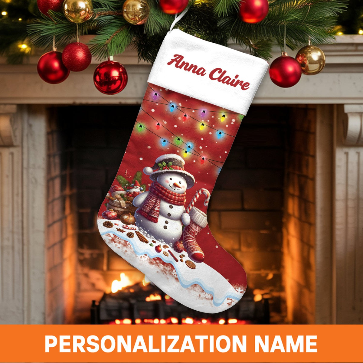 Adorable Holiday Lights Christmas Stocking, Personalized Snowman Christmas Stocking, Custom Name Winter Holiday Stocking, Fam