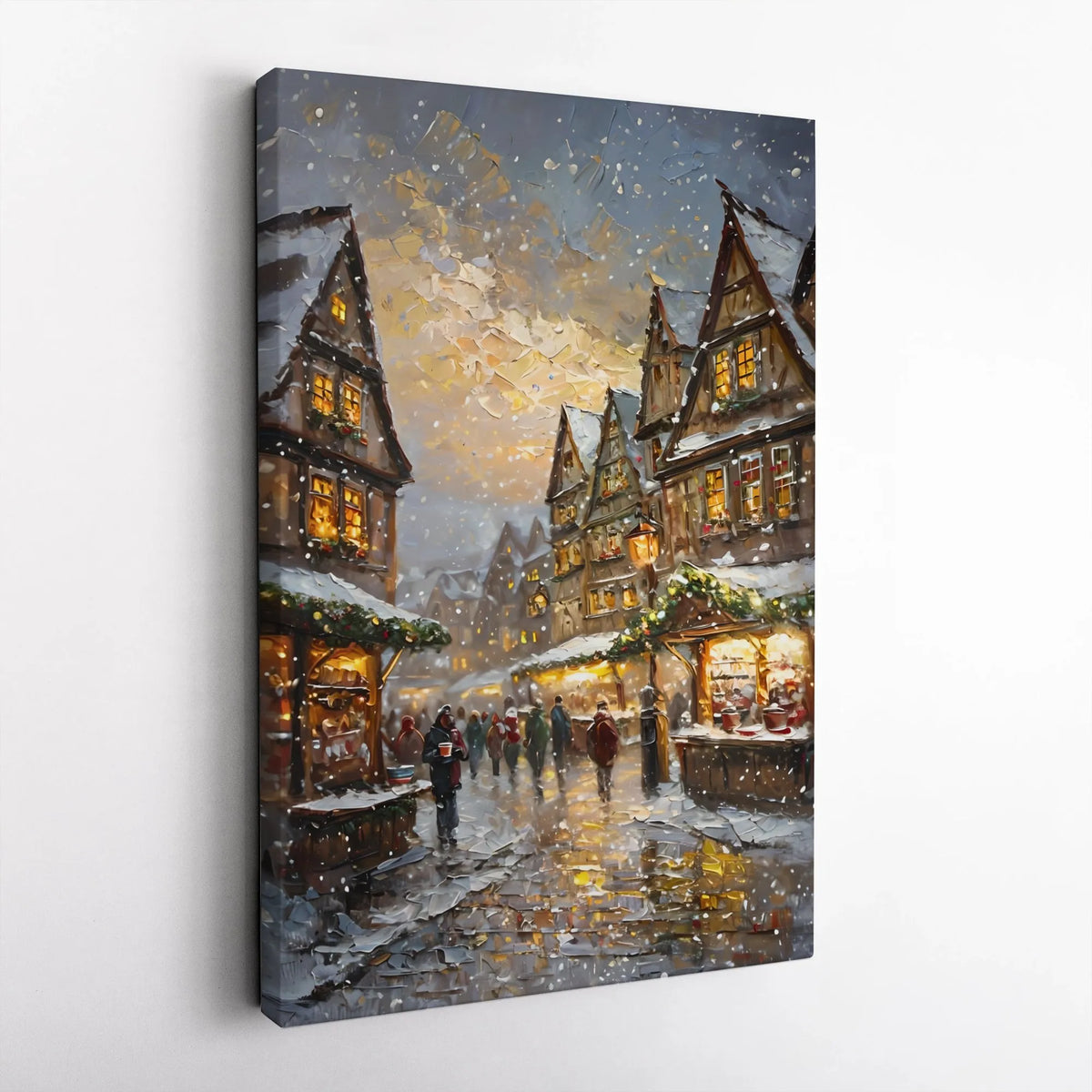European Village Canvas Art, Snowy Christmas Market Wall Art, Winter Street Scene Digital Download, Festive Holiday Printable