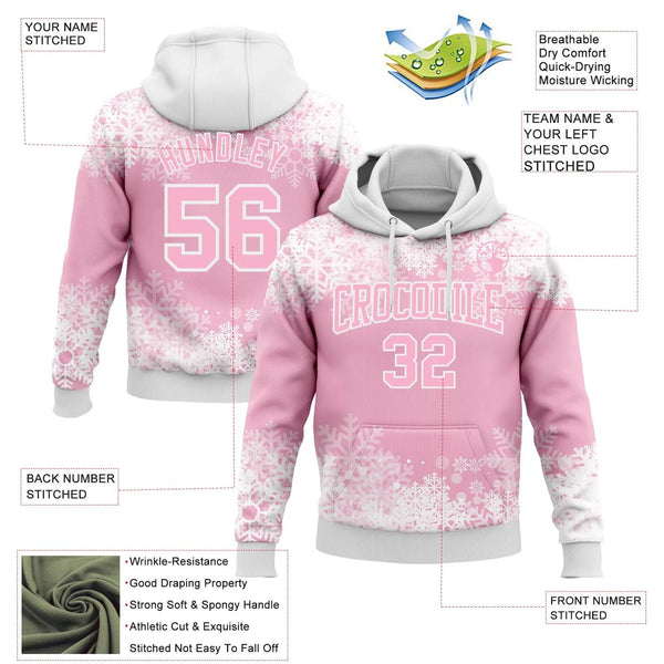 3D Pink White Winter Design Sweatshirt, Custom Christmas Snowflake Hoodie, Personalized Sports Pullover, Xmas Holiday Fan Pre
