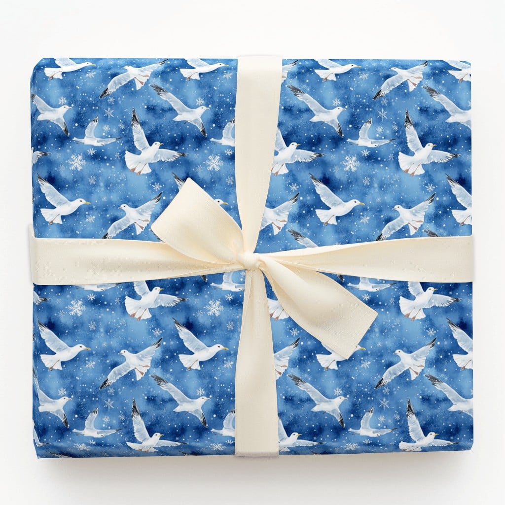 Winter Seagull Snowflake Gift Wrap, Coastal Christmas Wrapping Paper, Watercolor Nautical Wrapping Paper, Beach Holiday Xmas 