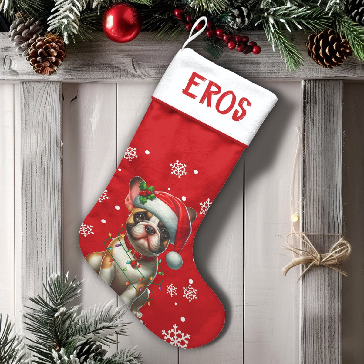 Santa Hat Frenchie Holiday Decor, Personalized French Bulldog Christmas Stocking, Velboa Fabric Stocking, Custom Dog Lover Pe