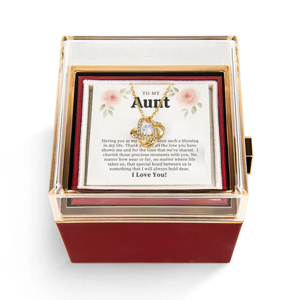 Heartfelt Message Card Necklace, Aunt Love Knot Necklace, CZ Crystal Pendant Necklace, Gold Finish Aunt Jewelry, Birthday or 