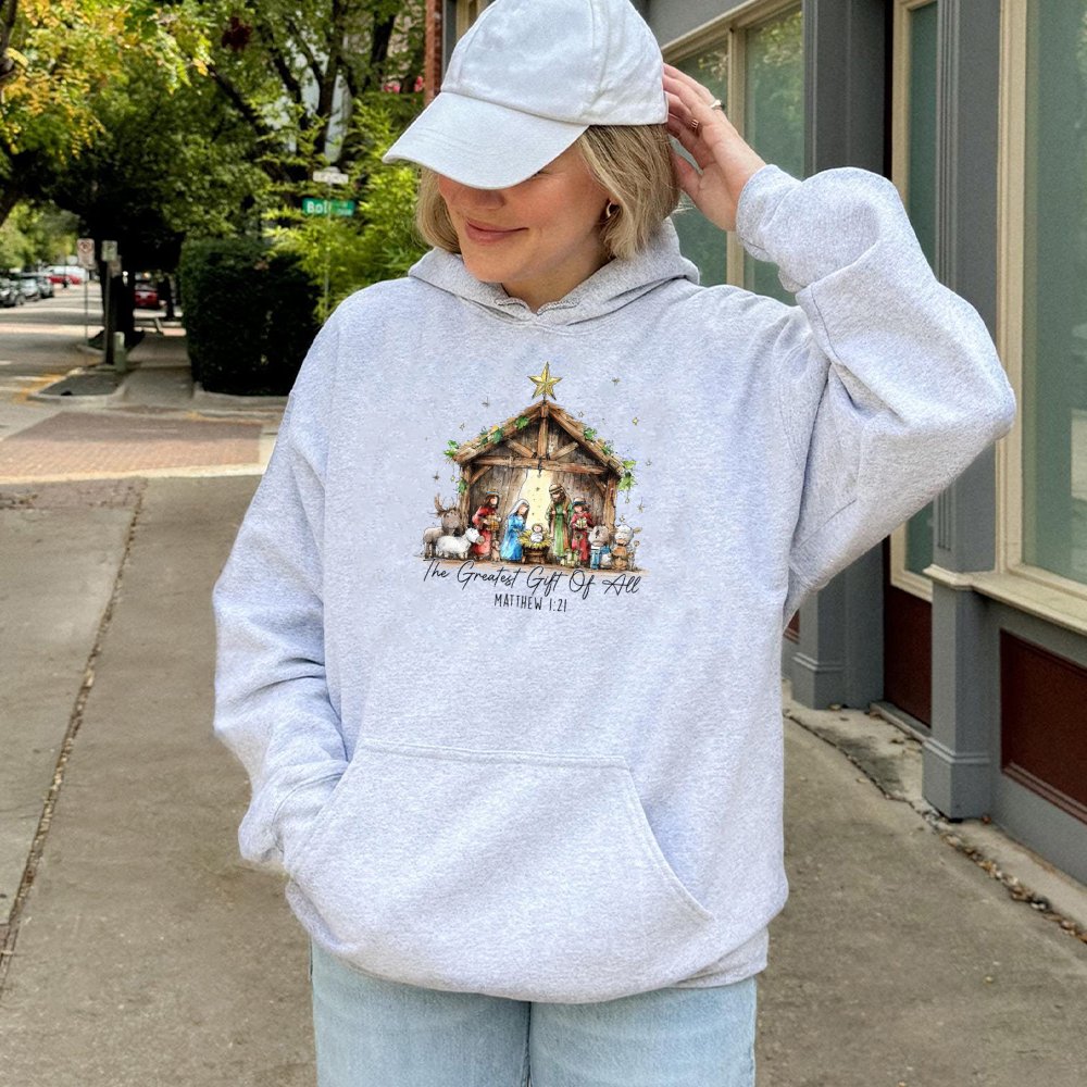 The Greatest Present of All Sweatshirt, Nativity Scene Hoodie, Christian Christmas Pullover Hoodie, Religious Holiday Hooded 