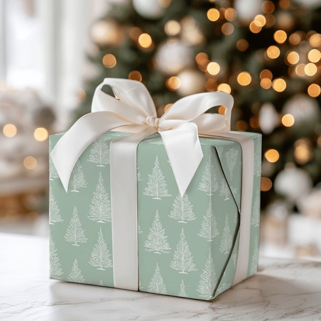 Minimalist White Tree Gift Wrap, Sage Green Christmas Tree Wrapping Paper, Elegant Holiday Wrapping Paper, Winter Season Wrap