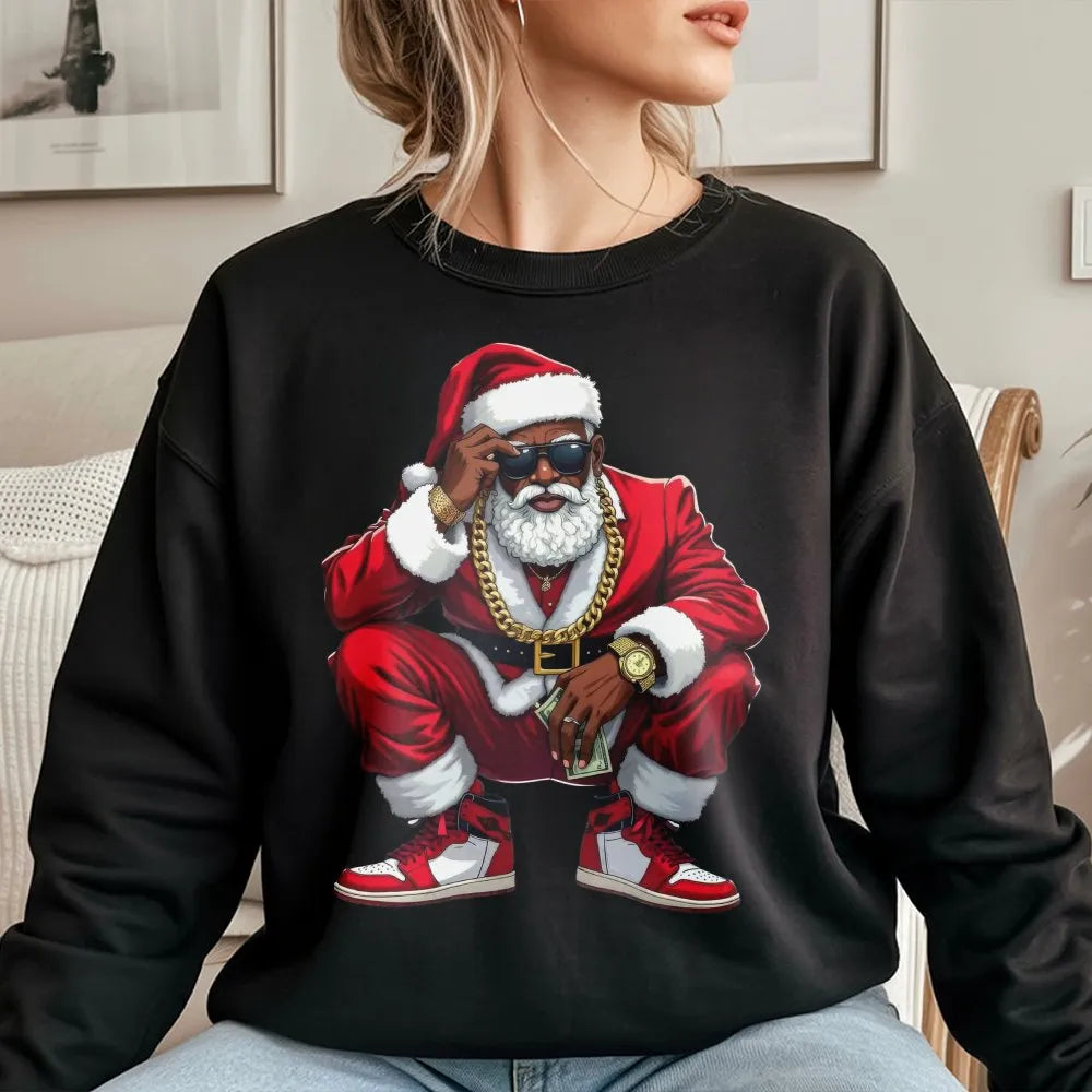 Hip Hop Streetwear Holiday Crewneck, Black Santa Christmas Sweatshirt, African American Santa Sweatshirt, Retro Xmas Graphic 