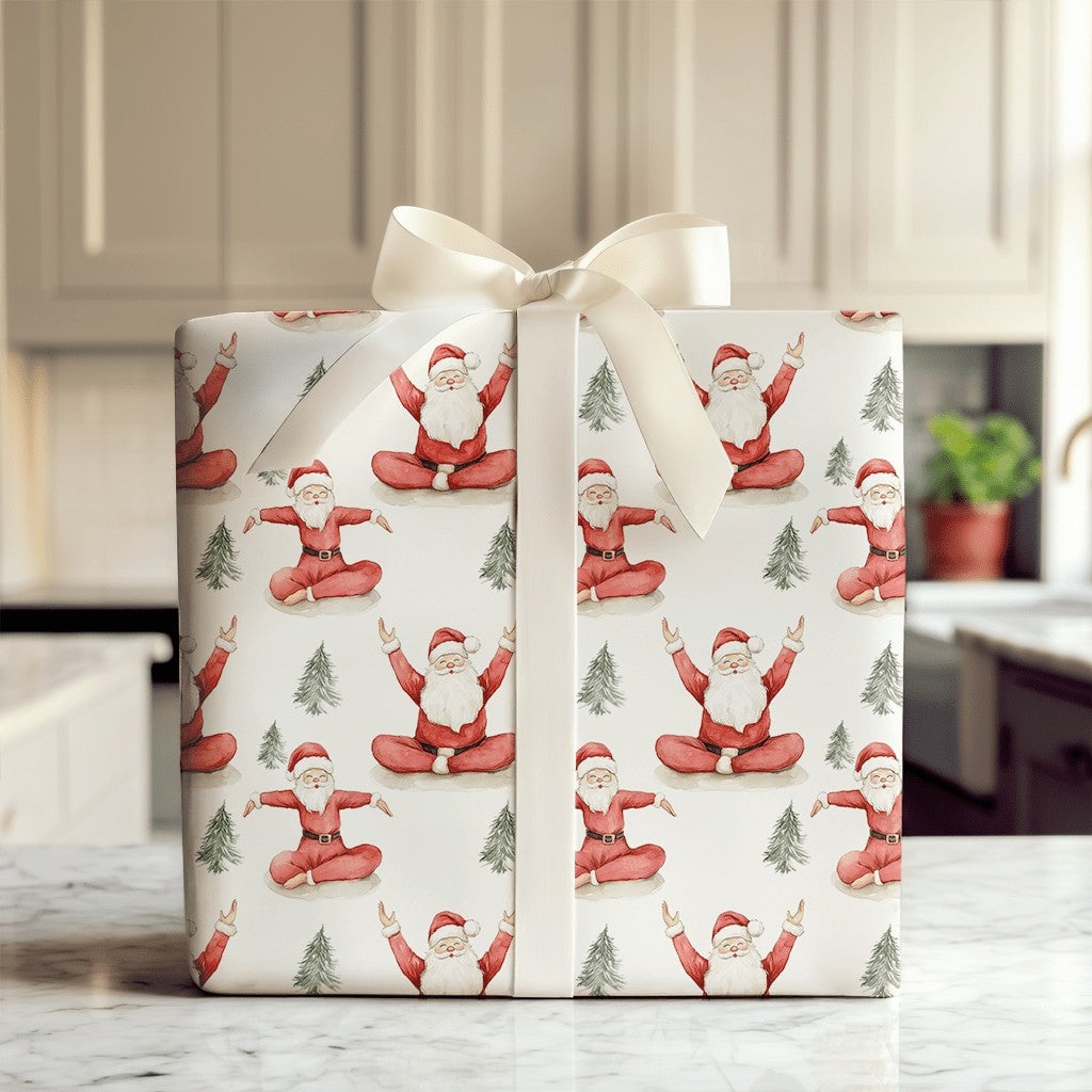 Meditating Santa Christmas Wrapping Paper, Yoga Santa Wrapping Paper, Zen Holiday Gift Wrap Roll, Humorous Festive Meditation