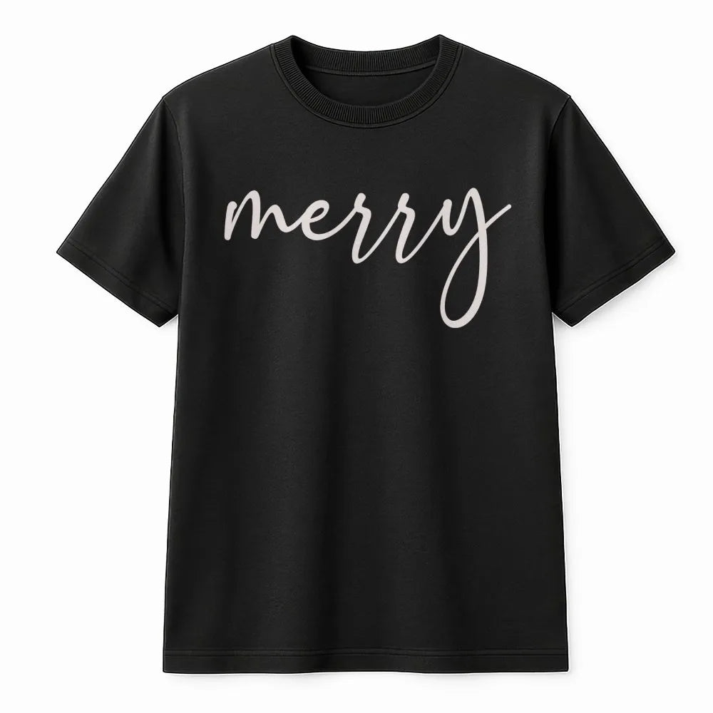 Cursive Script Holiday Typography Tee, Minimalist Merry Christmas T-Shirt, Adorable Simple Christmas Shirt, Winter Festive Ou
