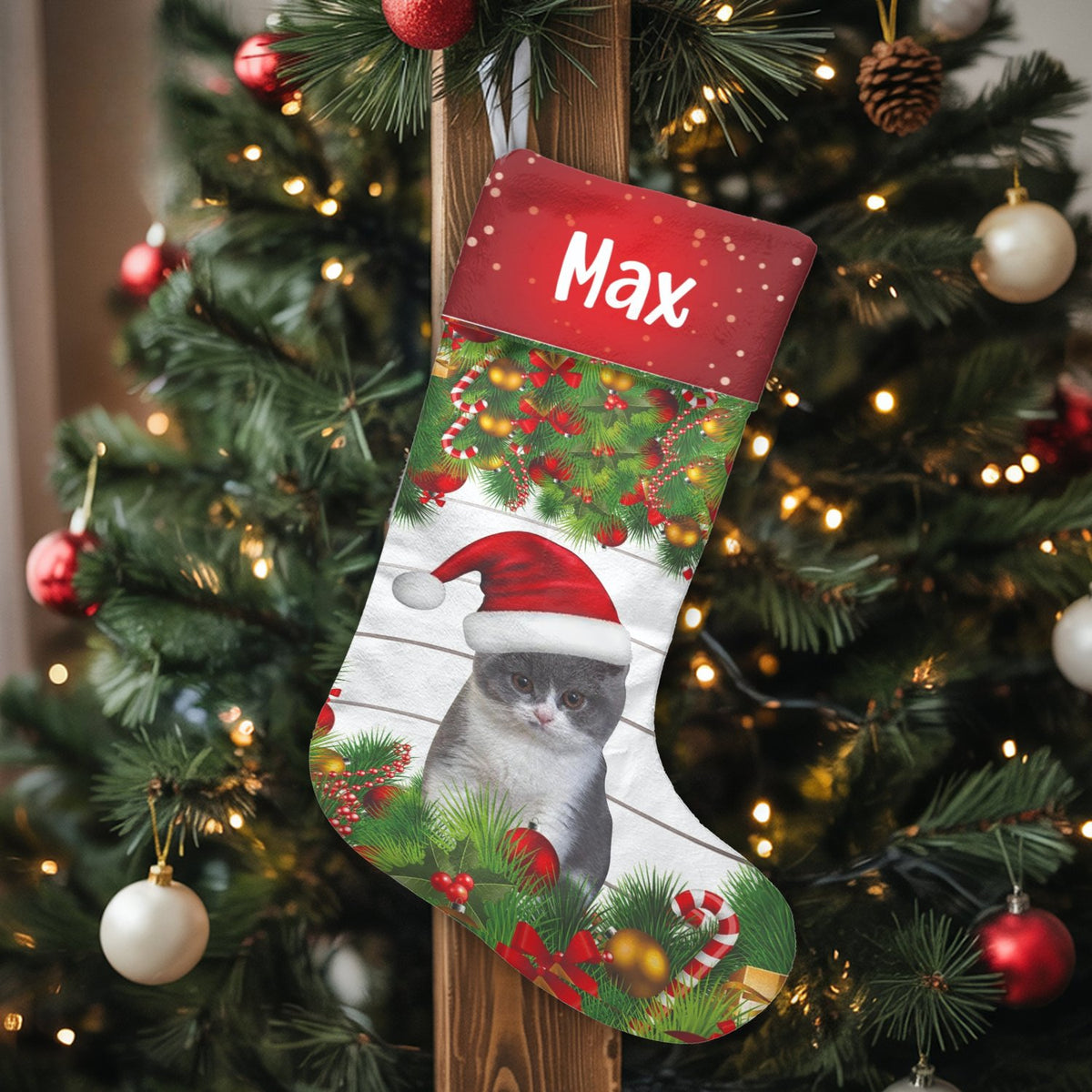 Custom Name Pet Stocking, Personalized Cat Christmas Stocking, Adorable Kitten Christmas Stocking, Pet Lover Fireplace Mantle