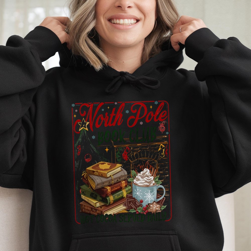 Comfy Christmas Reading Sweatshirt, North Pole Book Club Hoodie, Adorable Holiday Bookish Pullover, Reader Winter Hooded Top