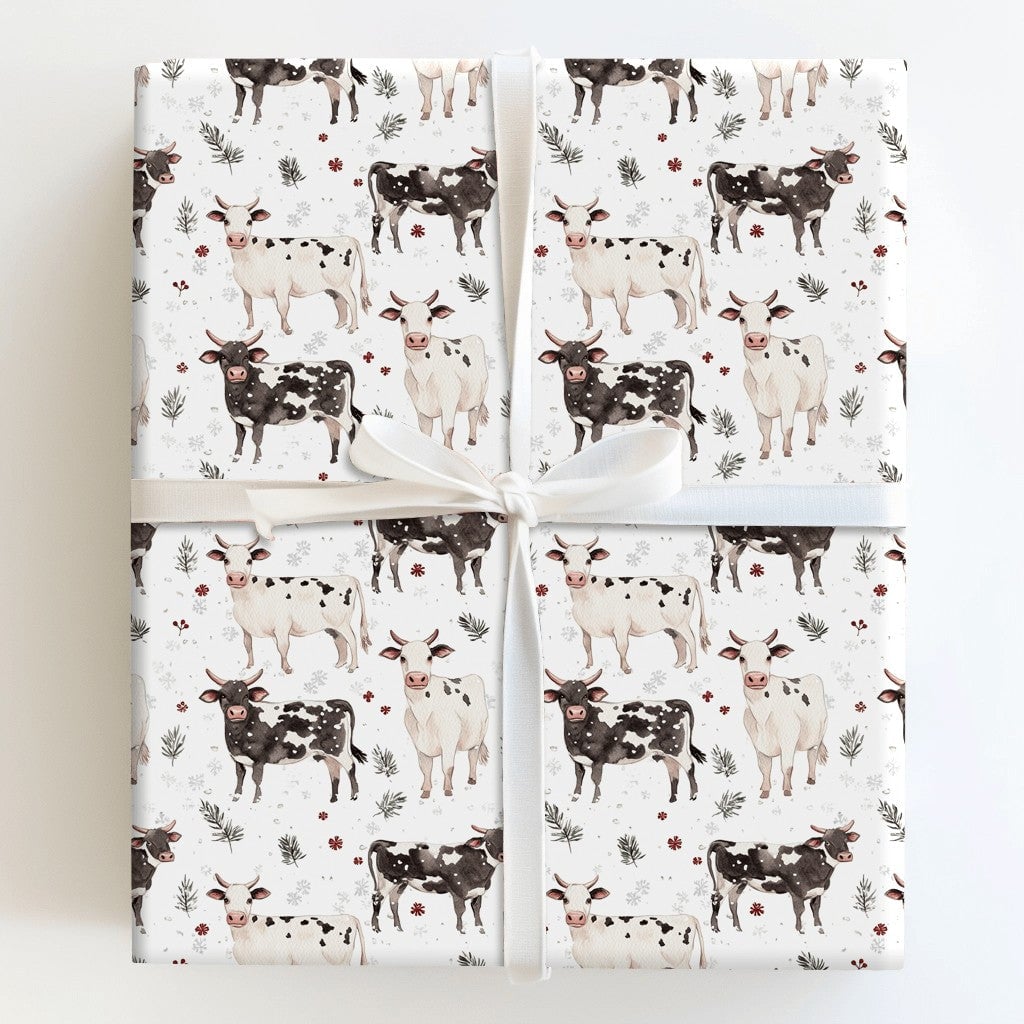 Black and White Cow Gift Wrap, Farmhouse Cow Christmas Wrapping Paper, Winter Holly Wrapping Paper, Rustic Farm Animal Holida