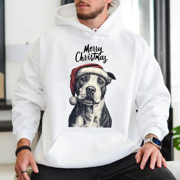 Santa Hat Dog Graphic Sweatshirt, Pitbull Christmas Hoodie, Festive Pitbull Holiday Pullover, Humorous Dog Lover Xmas Present