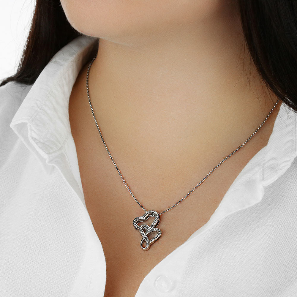 Interlocking CZ Heart Pendant, Double Hearts Necklace for Girlfriend, 14K White Gold Finish Jewelry, Romantic Christmas Prese