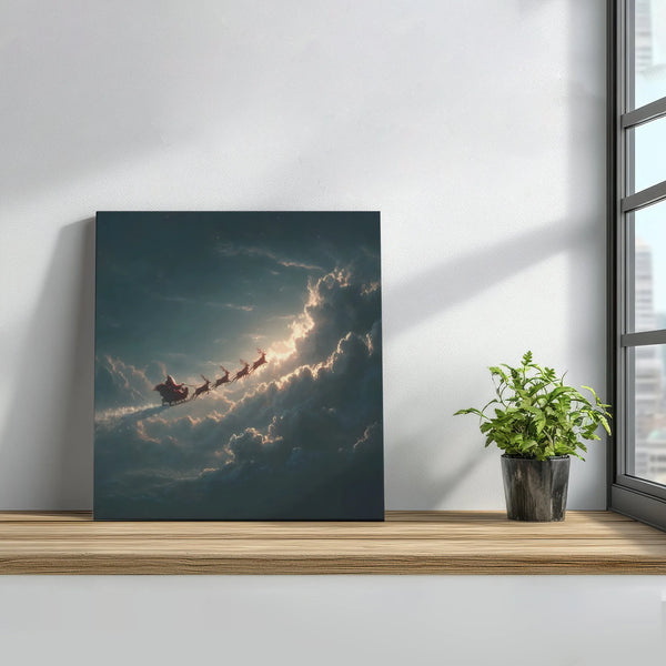 Dramatic Christmas Flight Canvas Wall Art, Santa Sleigh Reindeer Night Sky Canvas, Vintage Holiday Scene Print, Winter Holida