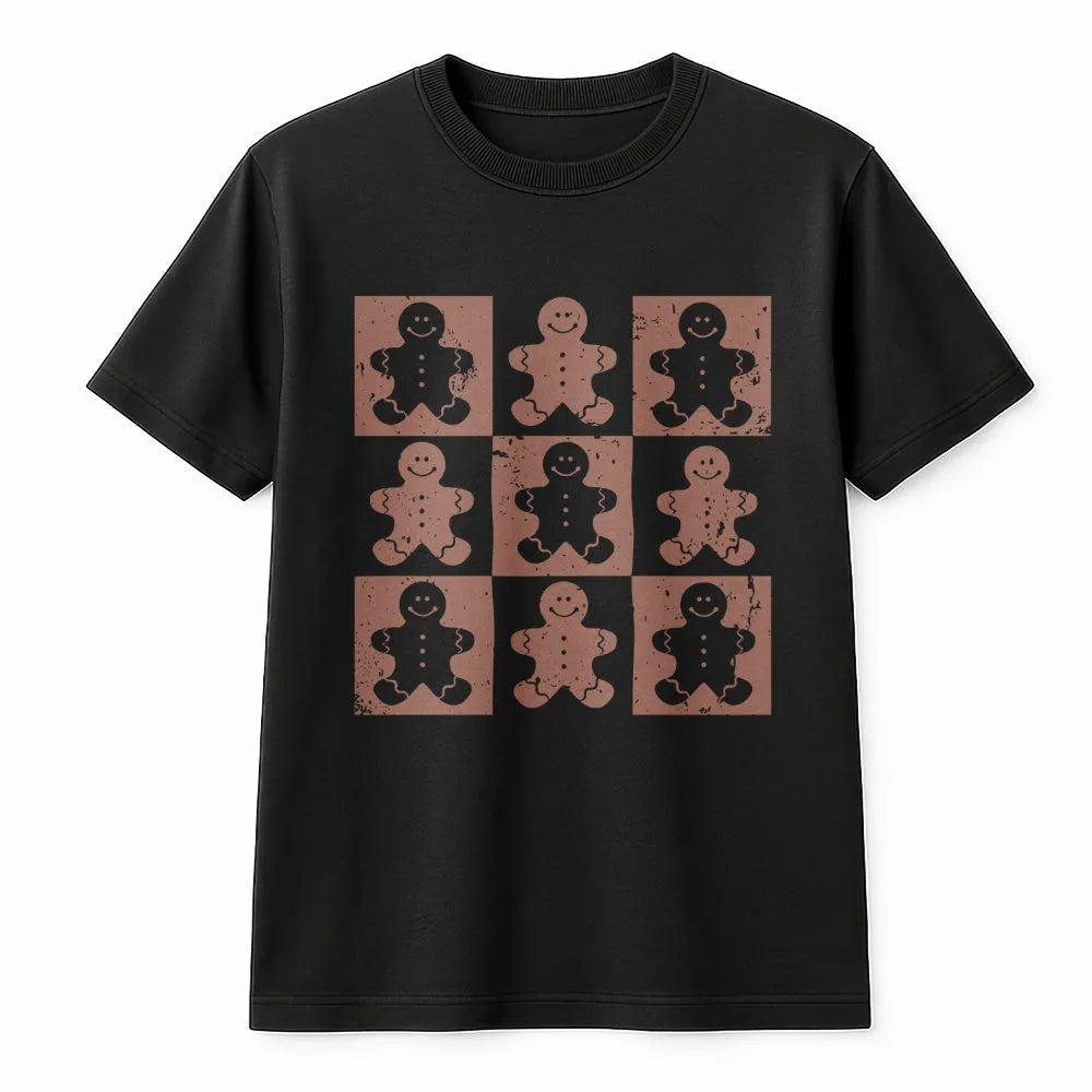 Retro Checkered Christmas Graphic Shirt, Gingerbread Man T-Shirt, Adorable Holiday Cookie Tee, Vintage Xmas T-Shirt for Women