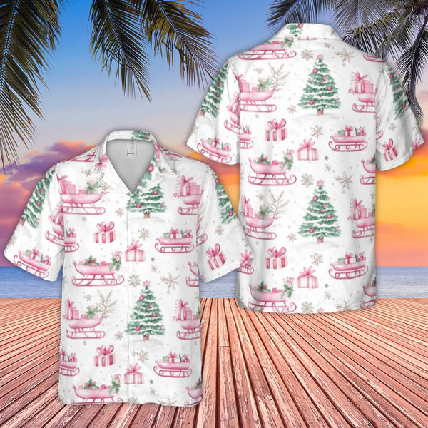Festive Sleigh and Tree Shirt, Pink Christmas Hawaiian Shirt, Retro Holiday Tropical Aloha Shirt, Summer Button Up, Xmas Pres