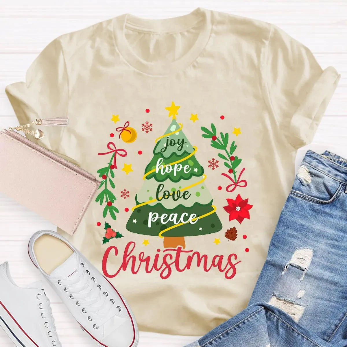 Joy Hope Love Peace Holiday Graphic Tee, Christmas Tree T-Shirt, Retro Xmas Tree Shirt, Festive Holiday Apparel Present