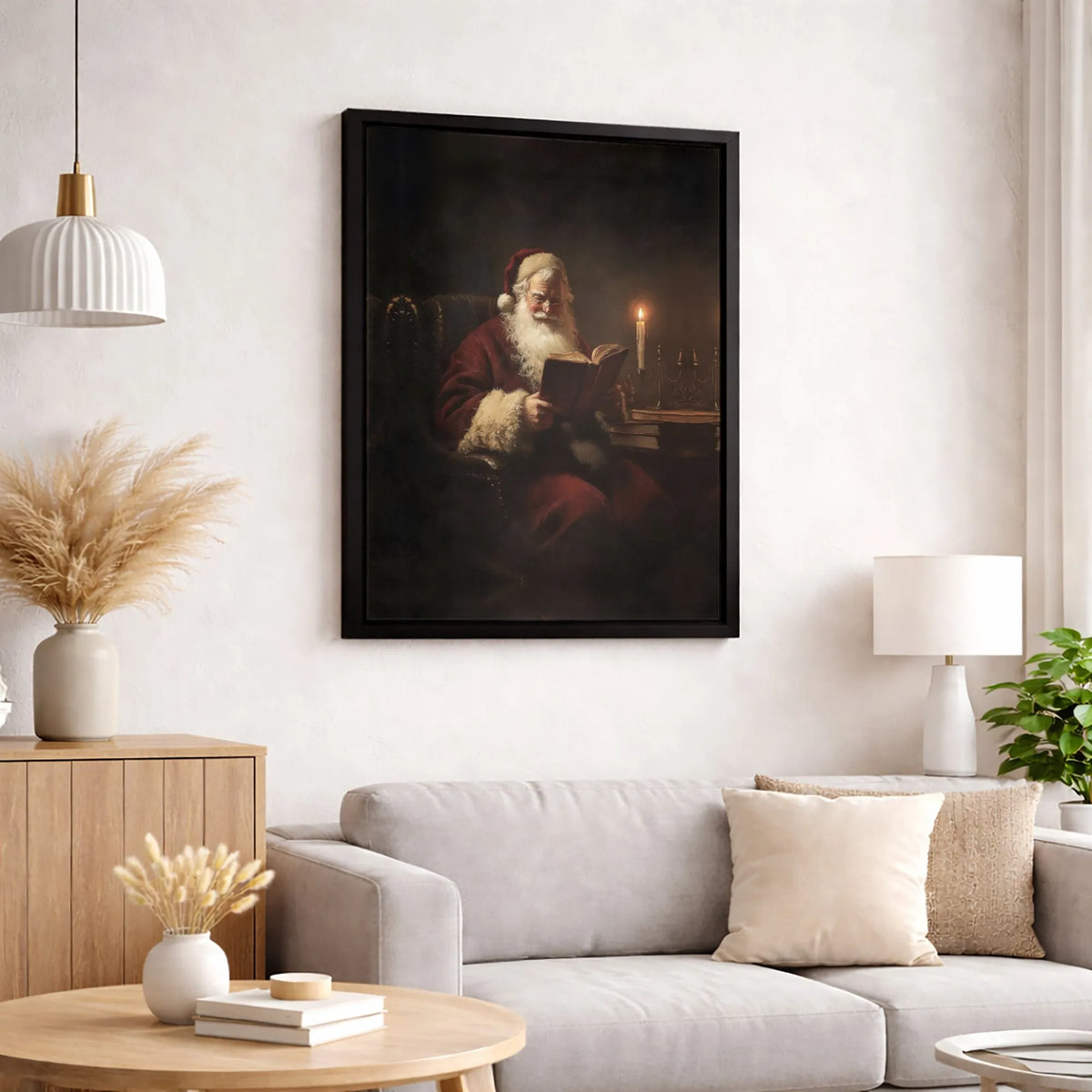 Vintage Christmas Canvas Wall Art, Santa Claus Reading a Book Canvas Print, Oil Painting Style Holiday Canvas, Festive Xmas W
