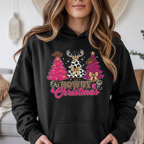 Pink Leopard Cowgirl Hoodie, Howdy Christmas Hoodie, Western Holiday Graphic Sweatshirt, Retro Country Xmas Pullover