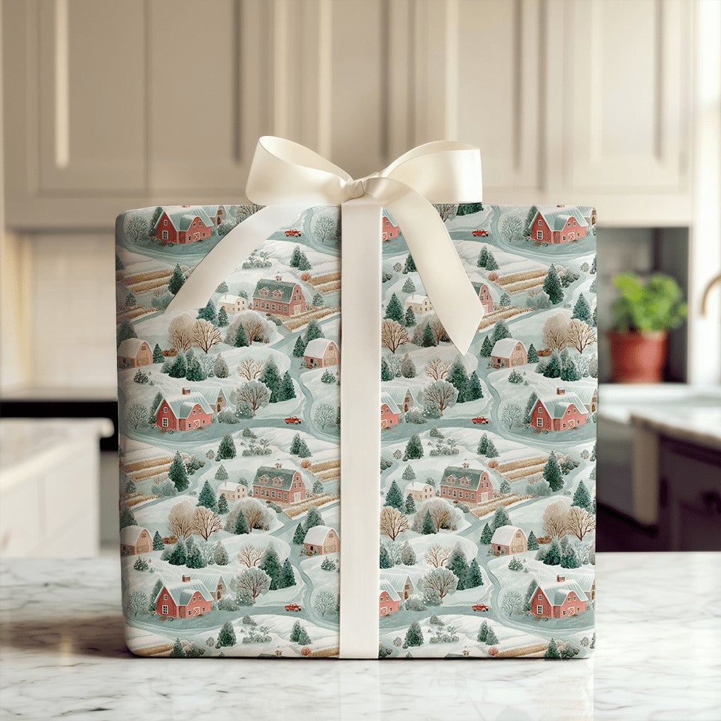 Rustic Farmhouse Gift Wrap, Winter Barn Christmas Wrapping Paper, Snowy Village Holiday Wrapping Paper, Country Landscape Pre
