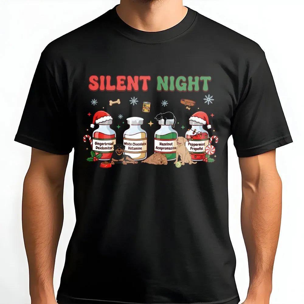 Humorous Veterinary Christmas T-Shirt, Silent Night Vet Med T-Shirt, Vet Tech Holiday Graphic Tee, Vet Student Xmas Shirt, Ve