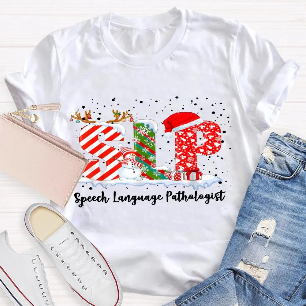 Speech Language Pathologist Tee, SLP Snowman Christmas Shirt, Holiday Speech Therapist T-Shirt, Winter SLP Graphic Tee, Speec
