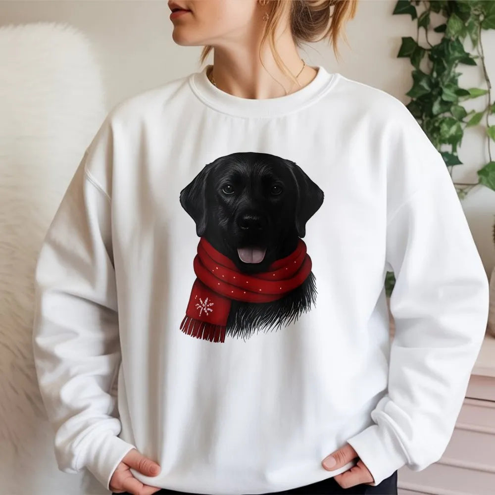 Festive Black Lab Crewneck, Black Labrador Christmas Sweatshirt, Adorable Red Scarf Dog Sweatshirt, Winter Dog Lover Sweater,