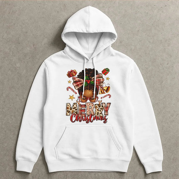 Afrocentric Holiday Bun Hooded Sweatshirt, African American Merry Christmas Hoodie, Black Queen Xmas Pullover, Melanin Holida