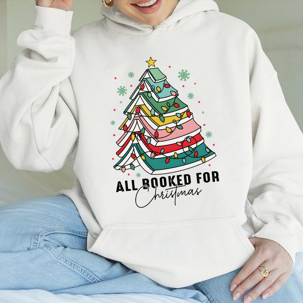 Book Lover Tree Graphic Hoodie, All Booked for Christmas Hoodie, Adorable Bookish Holiday Hoodie, Reader Bookworm Winter Pres
