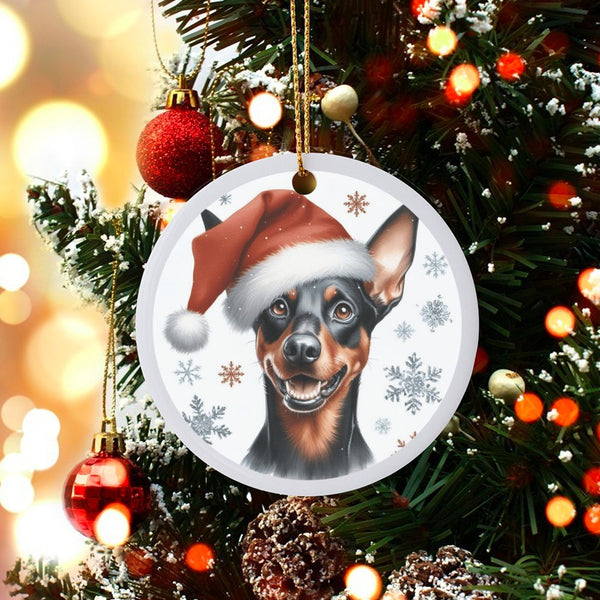 Adorable Min Pin Santa Hat Ceramic Ornament, Miniature Pinscher Christmas Ornament, Holiday Dog Tree Ornament, Min Pin Dog Lo