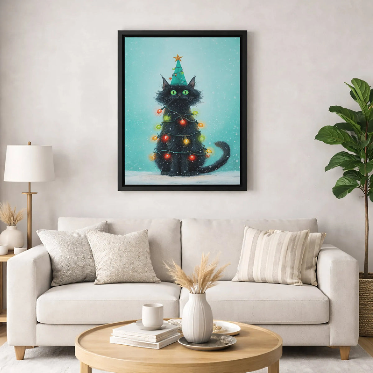 Whimsical Holiday Kitten Wall Art, Black Cat Christmas Tree Canvas, Festive Seasonal Cat Tree Print, Adorable Xmas Cat Lover 
